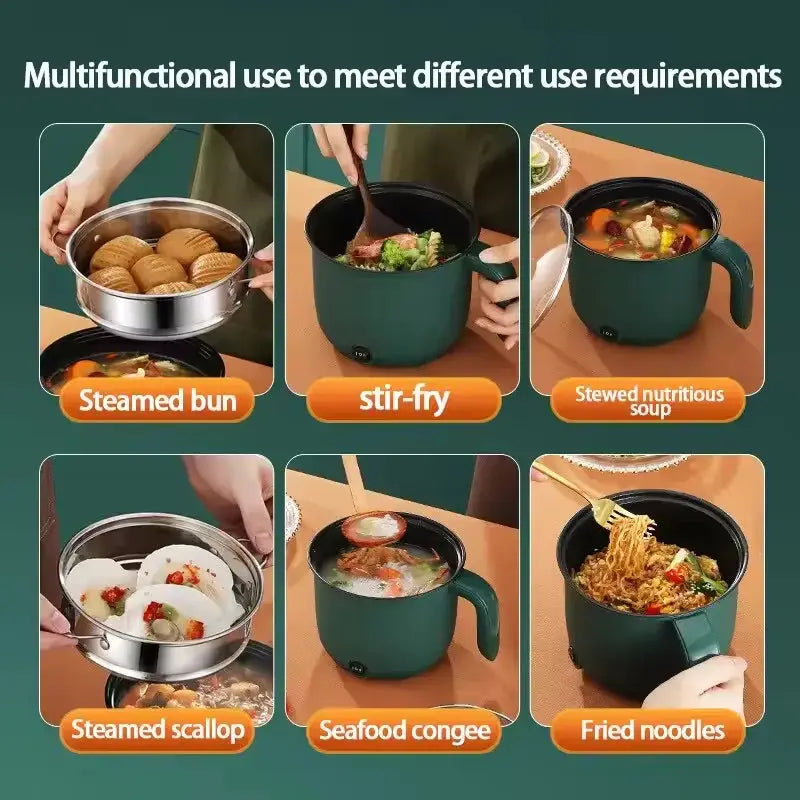 Multifunctional 1.5L electric pot used for steaming, stir-frying, and soup making, ideal for diverse home cooking applications.