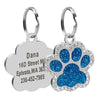 Blue glitter paw print pet tag with rhinestones and details