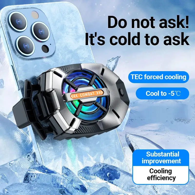 Cell phone cooler with semiconductor heatsink, clip-on radiator for iOS/Android phones (2.63–3.46 in width)