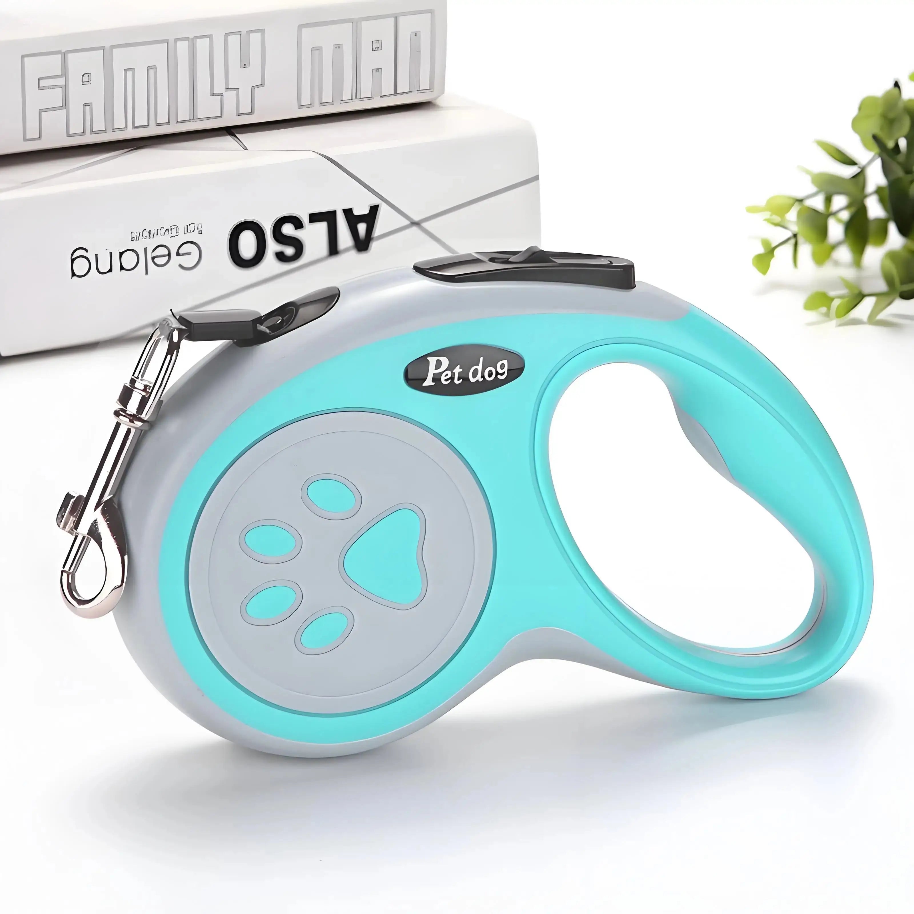 Turquoise Automatic Retractable Nylon Pet Leash with secure clip. Durable extending lead for small dogs and cats, ideal for daily walks.
