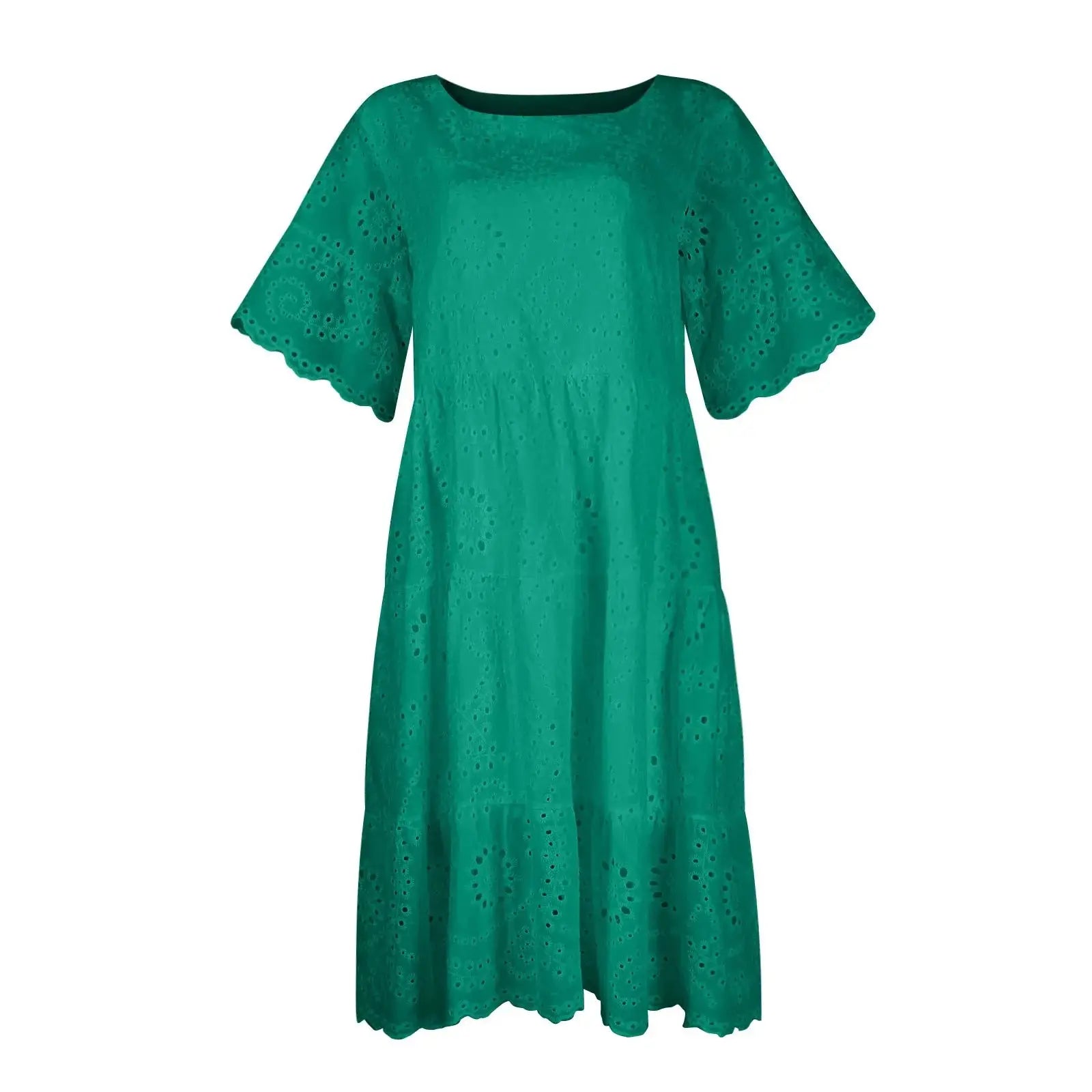 Women’s boho white lace dress, casual short sleeve sundress with pleats and hollow-out details