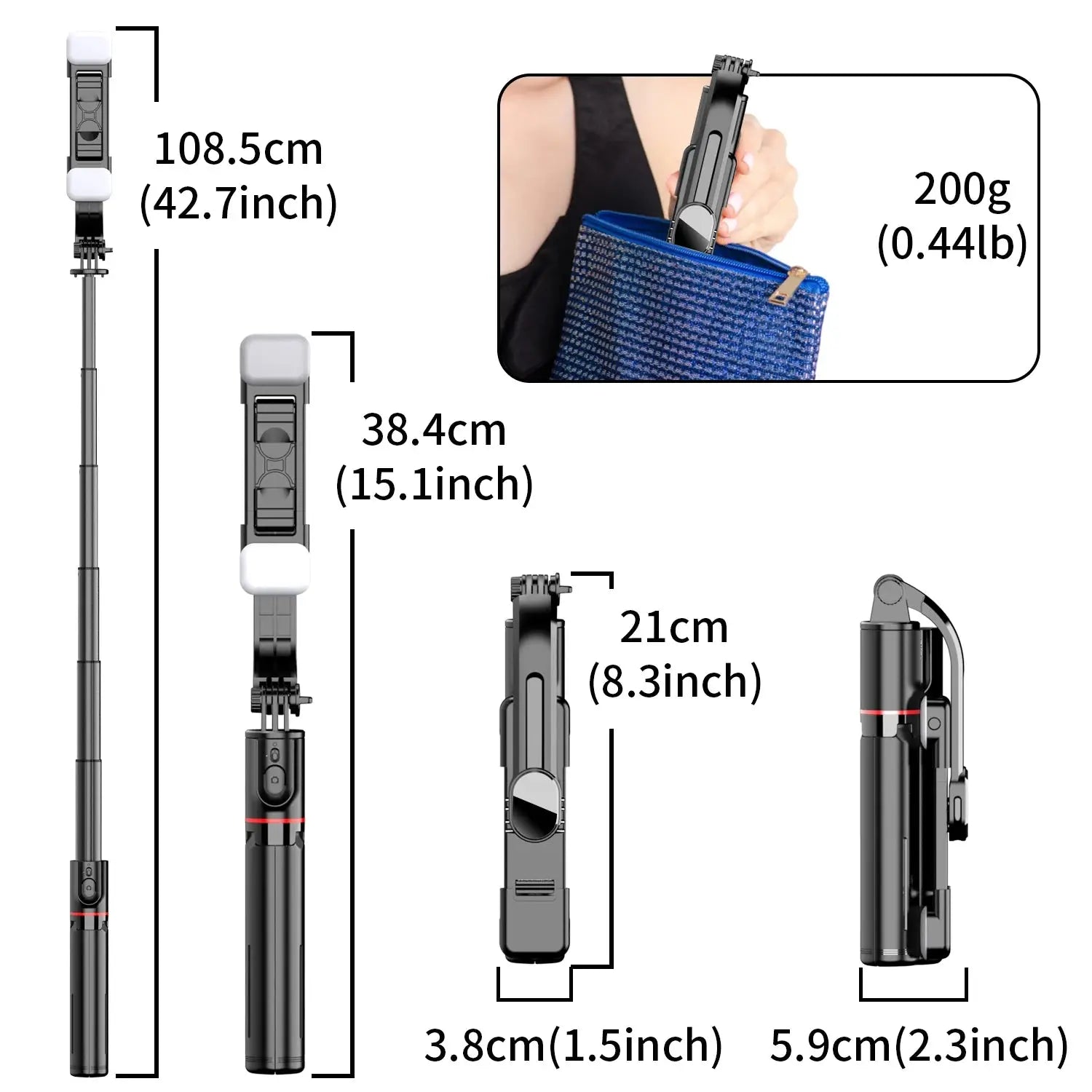 Dimensions and portability of the Selfie Stick Tripod with Fill Light shown, including folded and extended lengths and lightweight design.