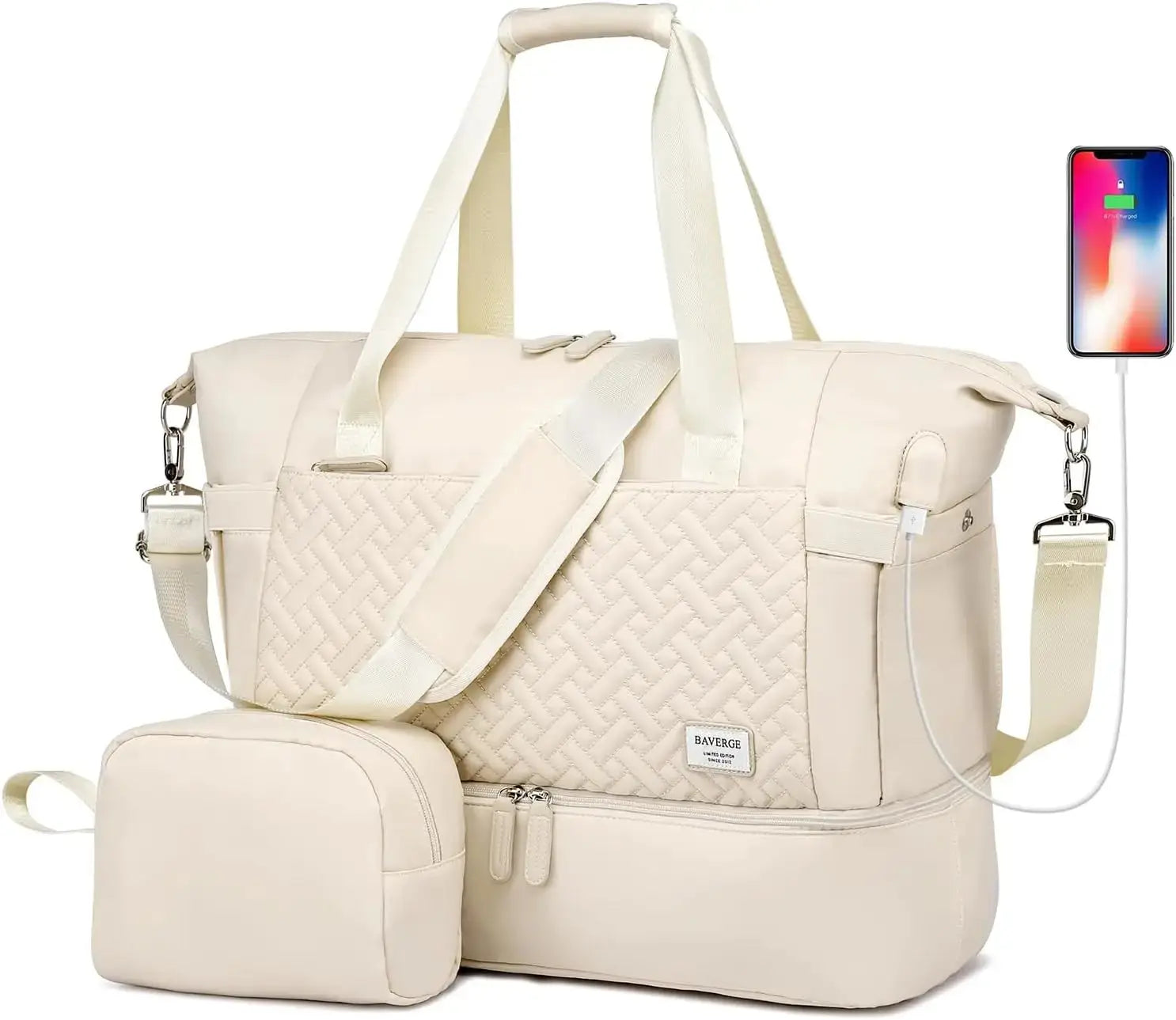 Women's travel duffle bag with shoe compartment and toiletry pouch, ideal for weekend trips or carry-on use