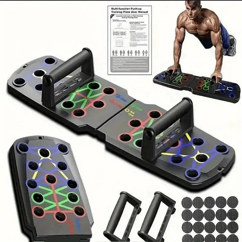 Multifunction push-up board for home workout with detachable handles and color-coded slots for targeted chest and arm training. Ideal for bodyweight fitness routines.