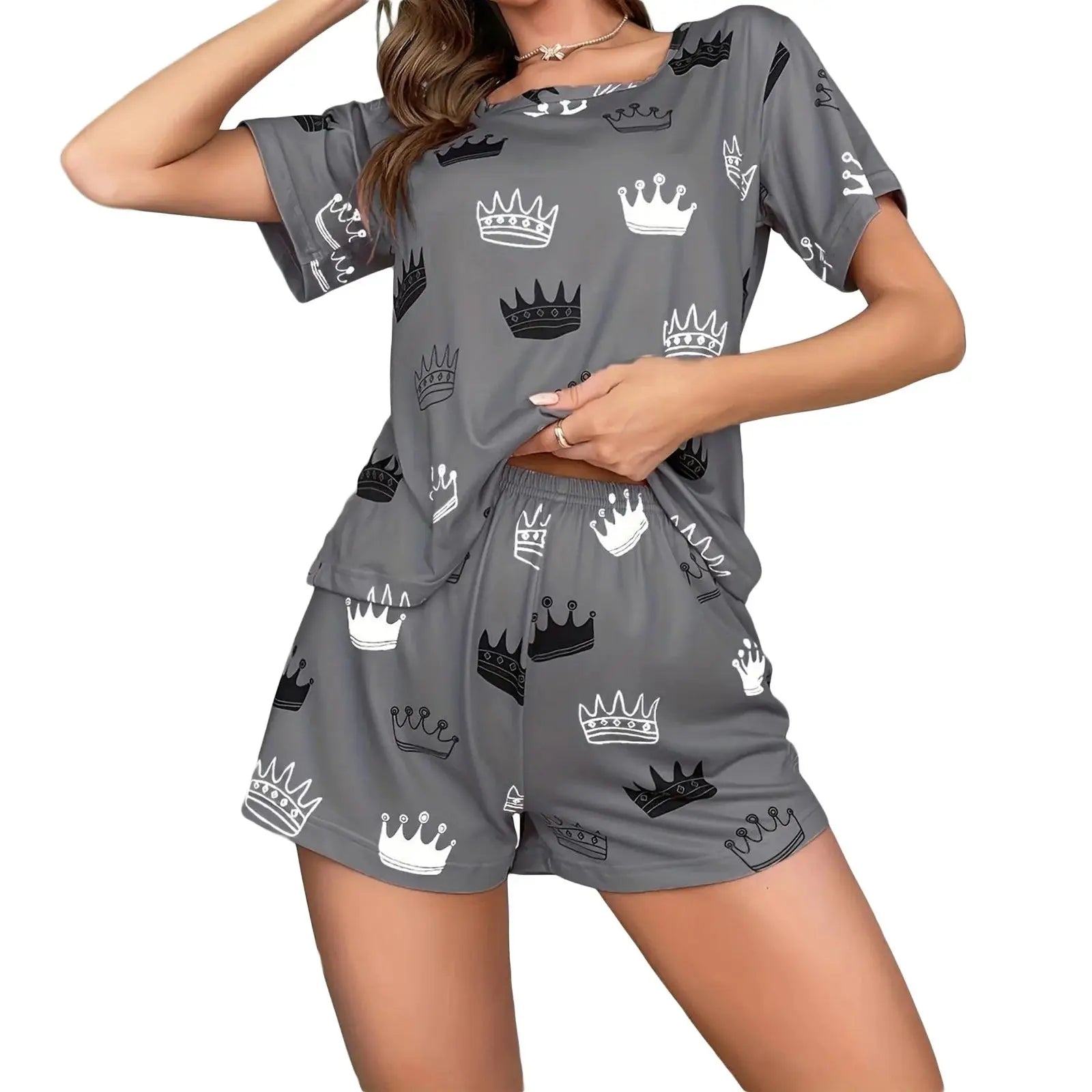 Front view of gray women's 2-piece pajama set with crown print, short sleeve top and matching shorts designed for sleep or loungewear.