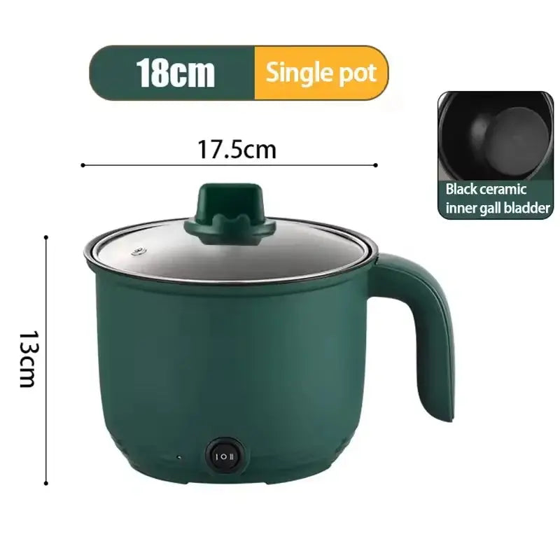 Green 1.5L electric multifunctional pot with nonstick black ceramic inner layer, shown with dimensions for compact kitchen appliance use.