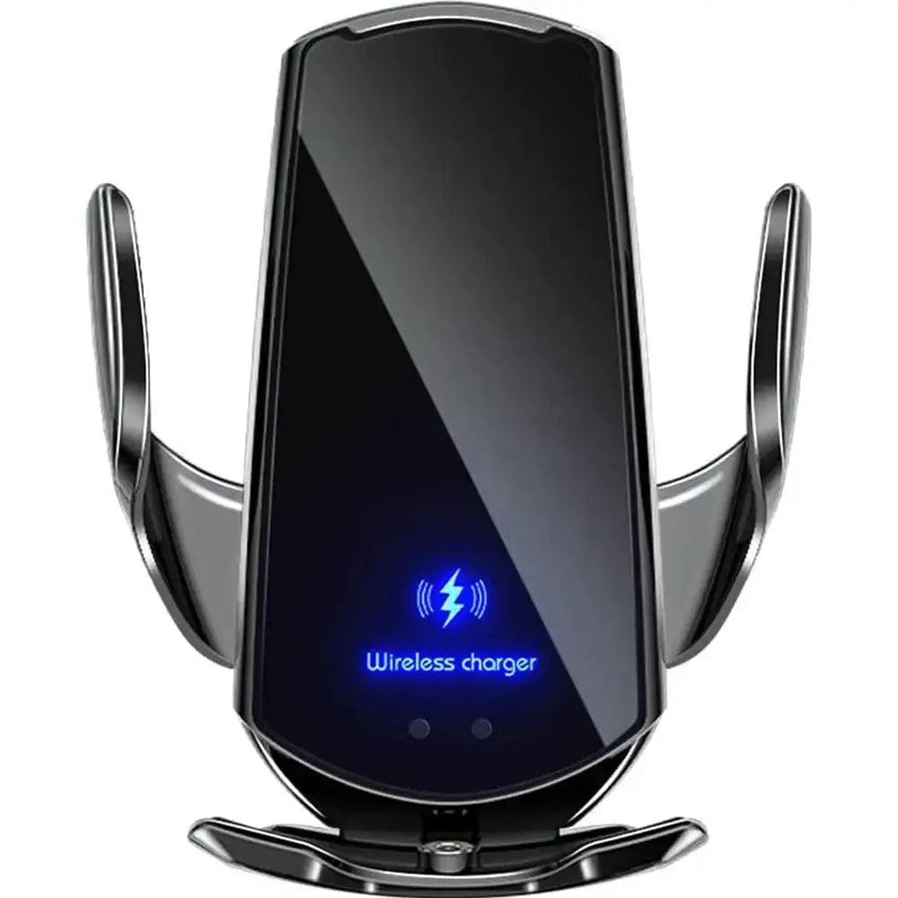 15W fast wireless charger with smart sensor and auto-clamping stand in black, ideal for iPhone and Android in car use.
