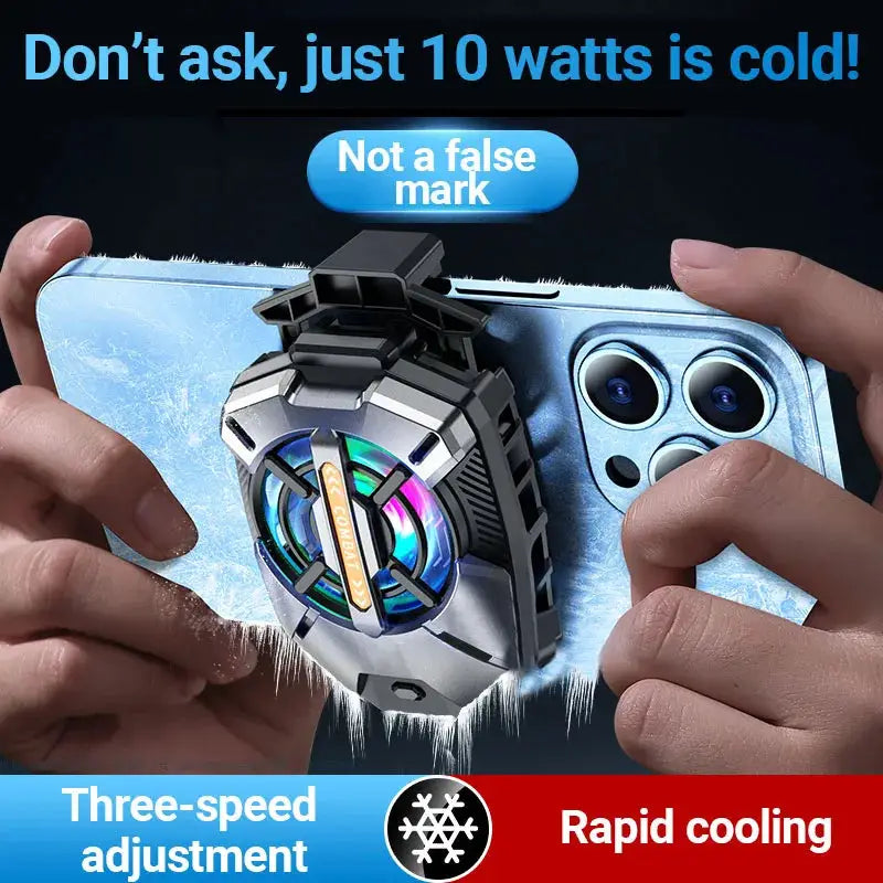 Cell phone cooler with semiconductor heatsink, clip-on radiator for iOS/Android phones (2.63–3.46 in width)