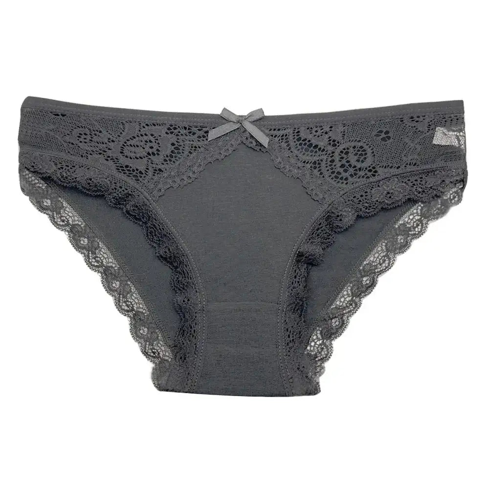 Dark gray lace low-rise cotton panty with bow detail from 5-Pack Women's Lace Low-Rise Cotton Panties Soft Briefs for Daily Comfort. Features scalloped lace trim and knit fabric for everyday wear.
