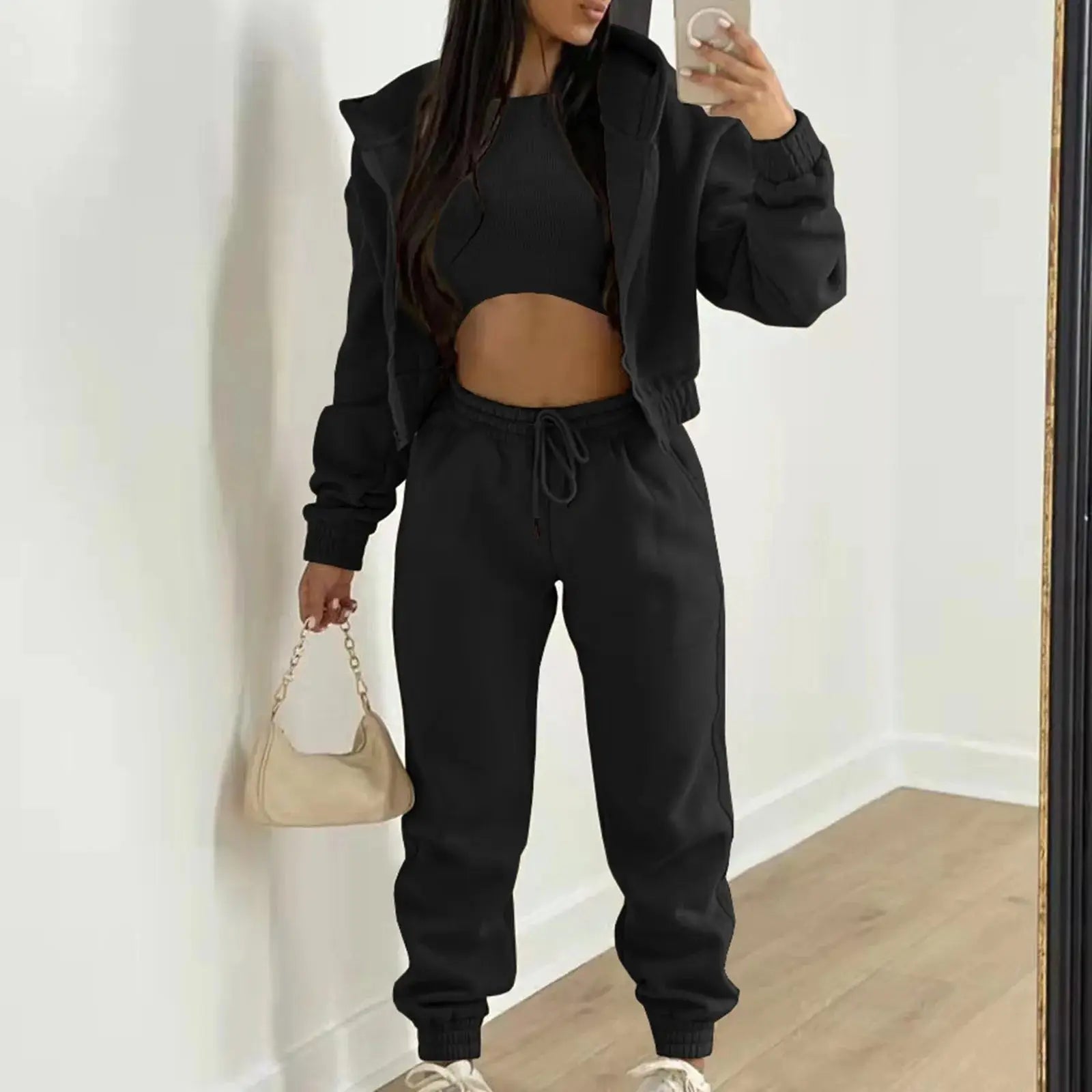 Women's Autumn Winter Casual Tracksuit Set with Vest Top, Zipper Jacket and Loose Pants, Available in Plus Sizes