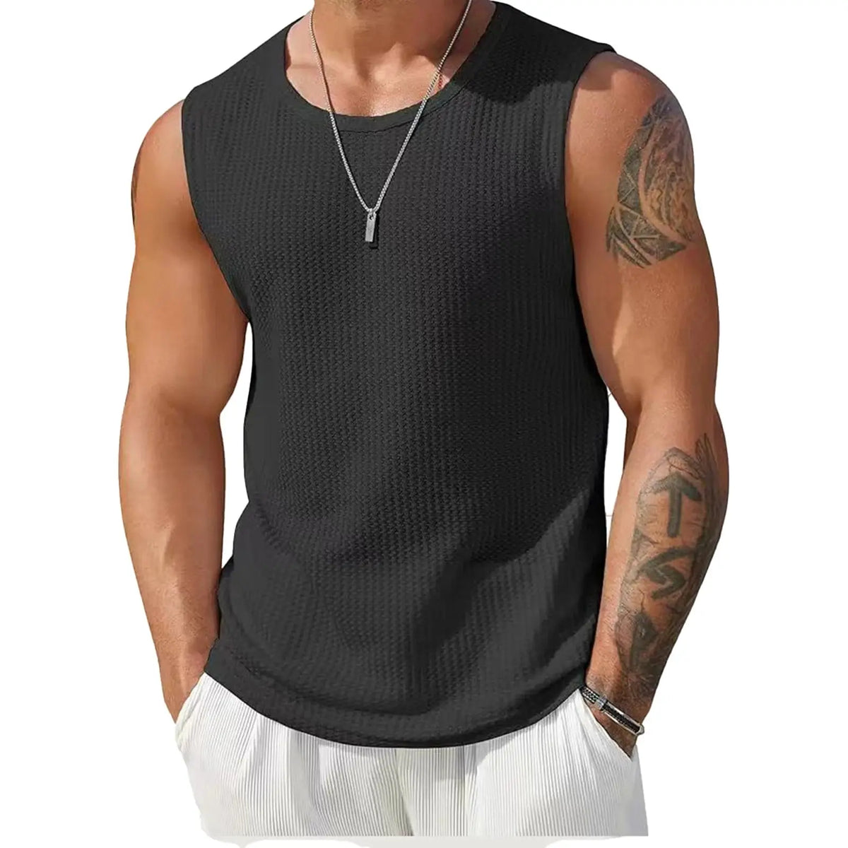 Men’s Ribbed Knit Tank Top Solid Color Sleeveless Shirt for Workout, Bodybuilding & Streetwear
