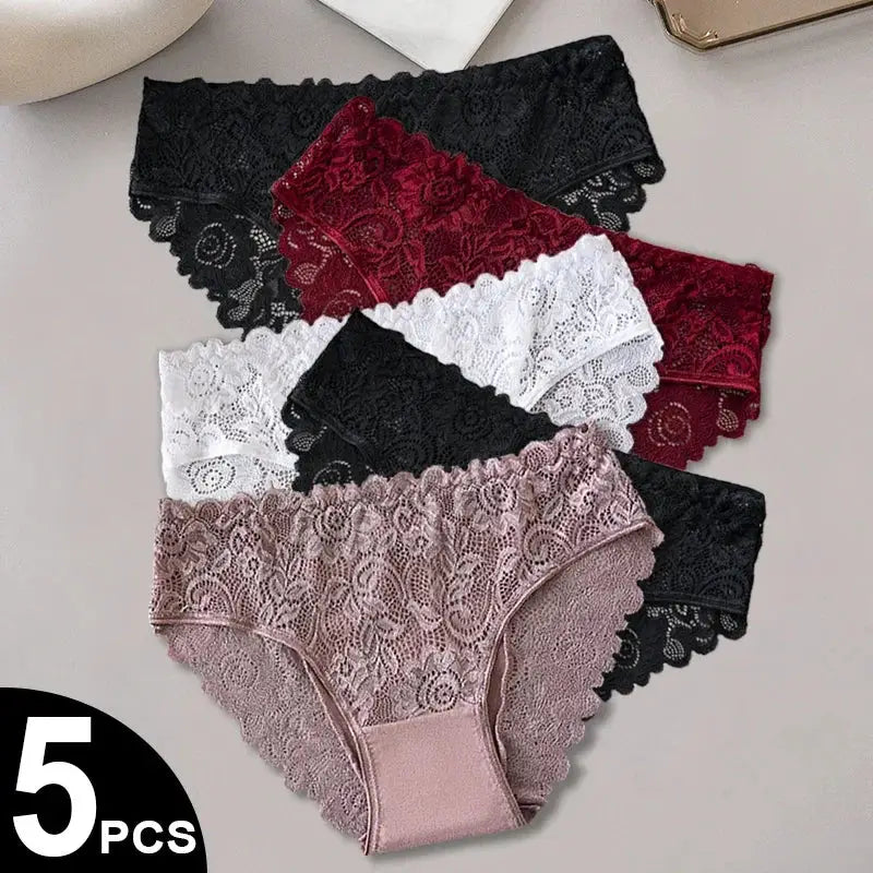 5-Pack Women's Lace Cotton Panties Floral Embroidered Briefs with Hollow-Out Design
