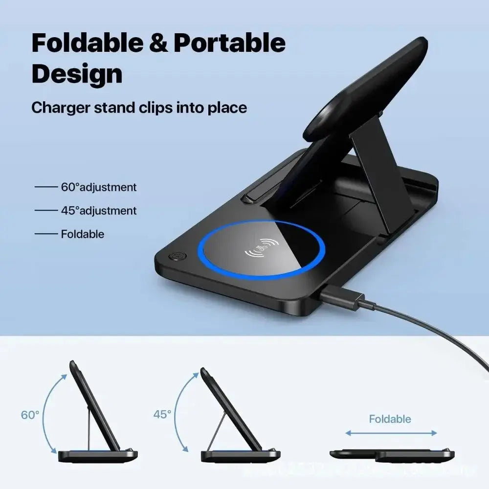 30W 3-in-1 Fast Wireless Charging Station – Foldable Charger Stand for iPhone 15/14/13/12/11, Apple Watch 9–5 & AirPods Pro