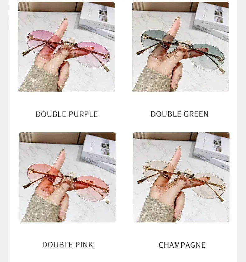 Rimless Oval Sunglasses with Diamond Accent F Letter Design