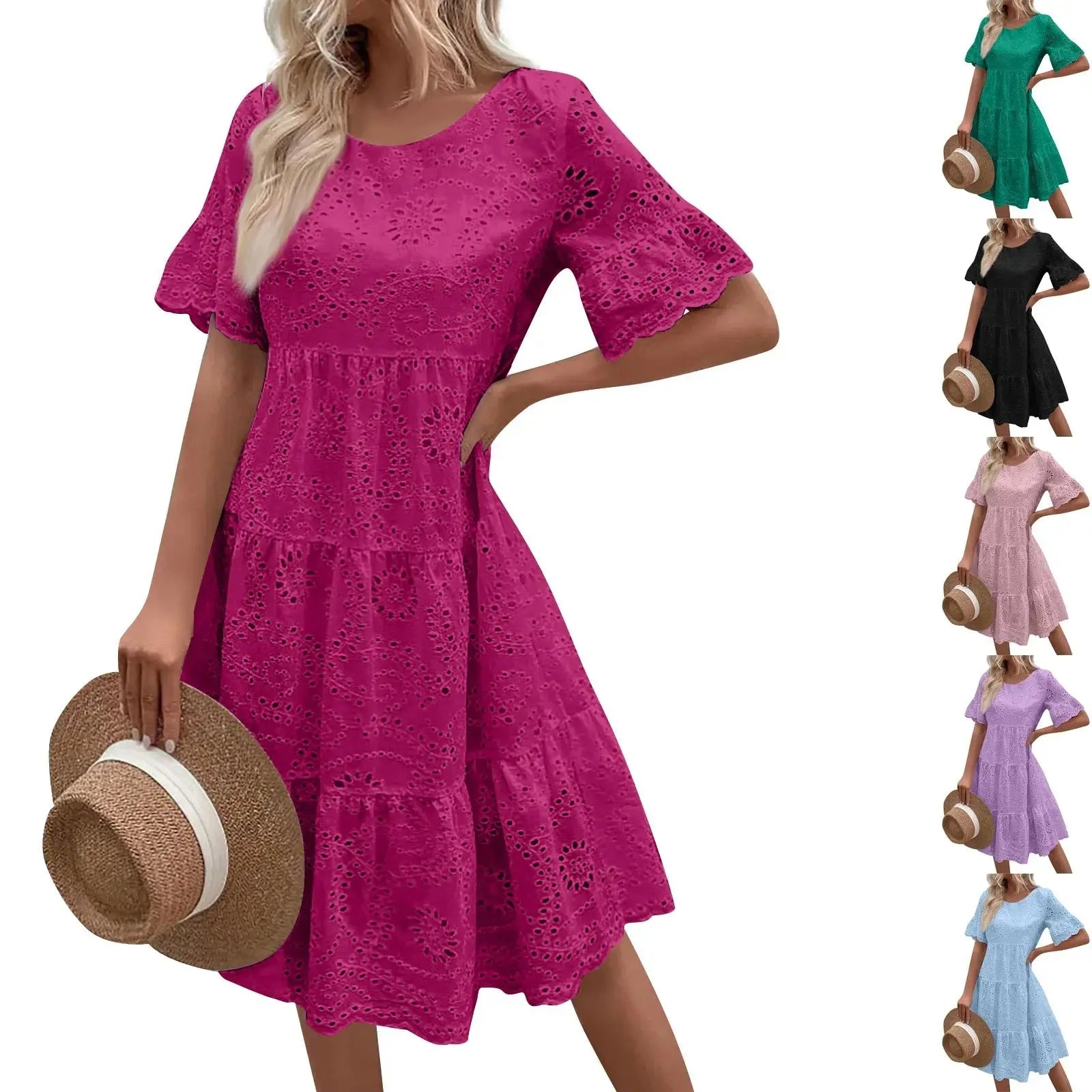 Women’s boho white lace dress, casual short sleeve sundress with pleats and hollow-out details