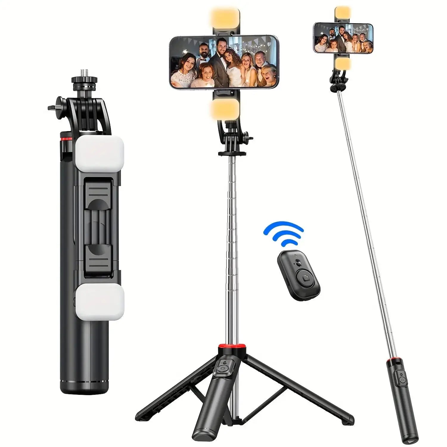 Bluetooth Selfie Stick Tripod with Detachable Long Handle & Phone Holder featuring wireless remote and LED lights for mobile photography.