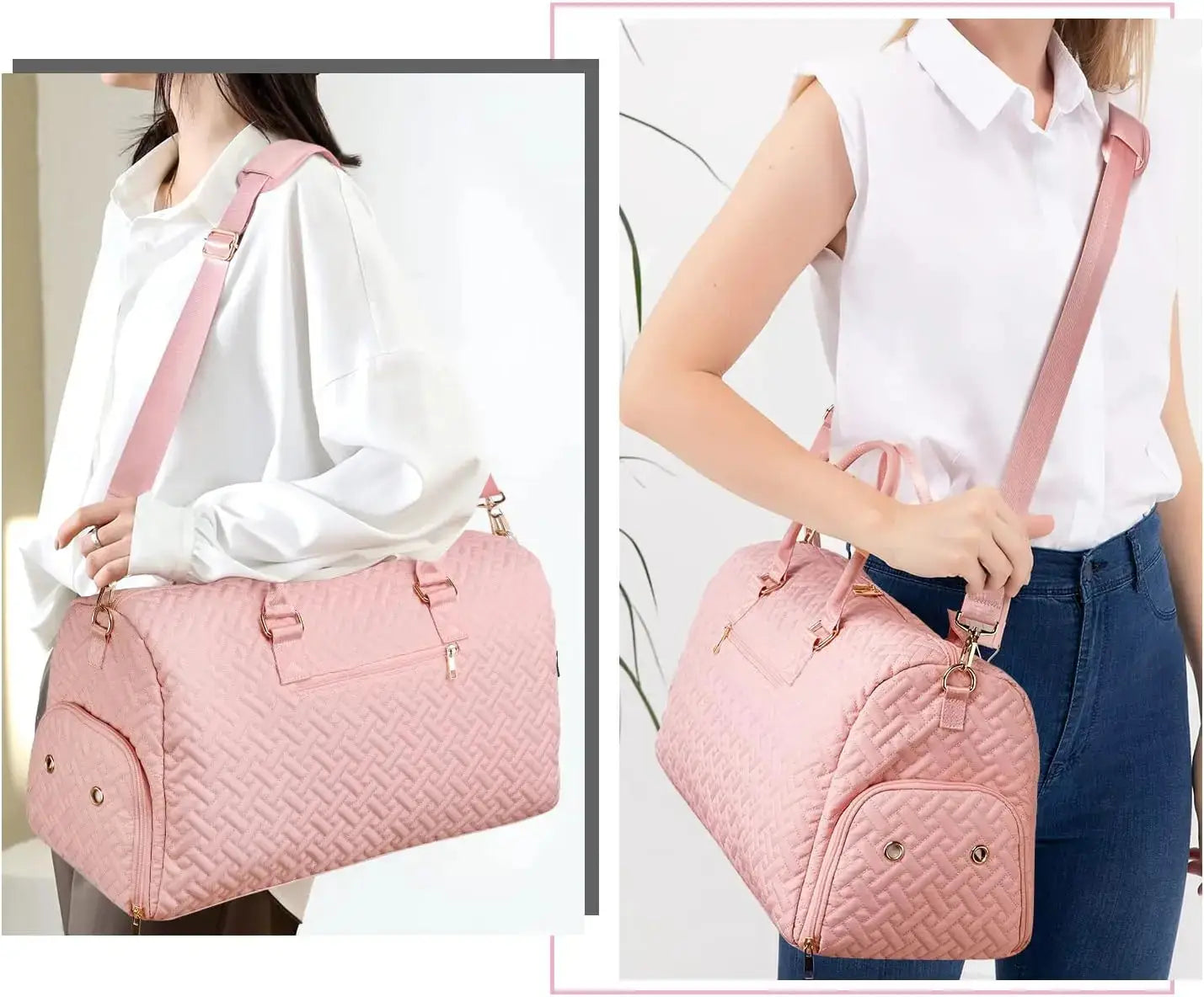 Women's travel duffle bag with shoe compartment and toiletry pouch, ideal for weekend trips or carry-on use