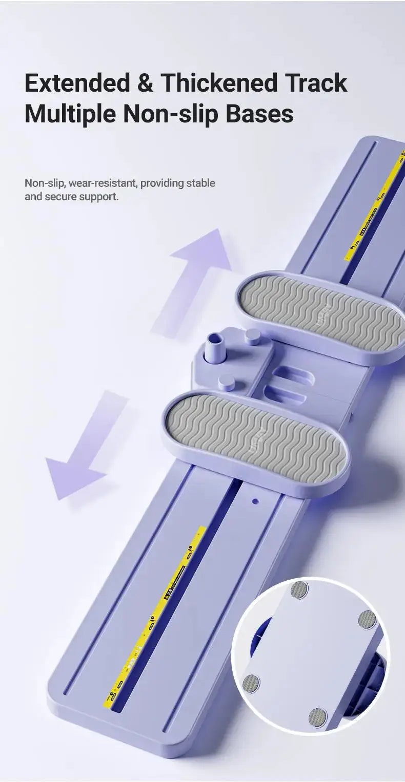 Close-up of extended and thickened track on foldable 3-in-1 ski trainer with non-slip bases for stable and secure home workouts.