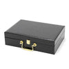 Black leather storage case with gold handle