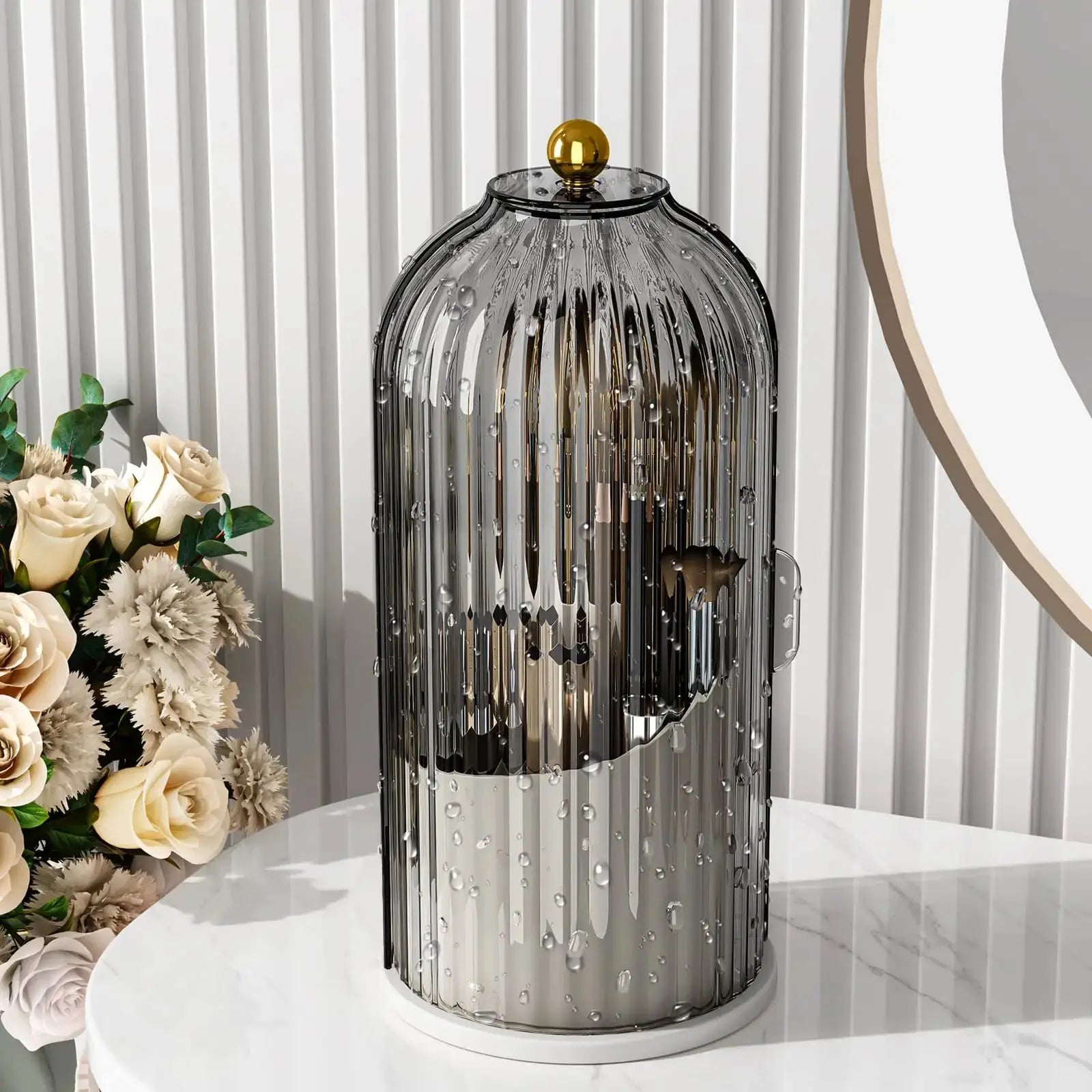 360° Rotating Makeup Brush Organizer with Lid Clear Dustproof Holder