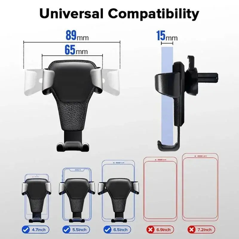 Universal gravity phone and GPS holder with compatibility chart for smartphones from 4.7 to 7.2 inches, air vent mount design.