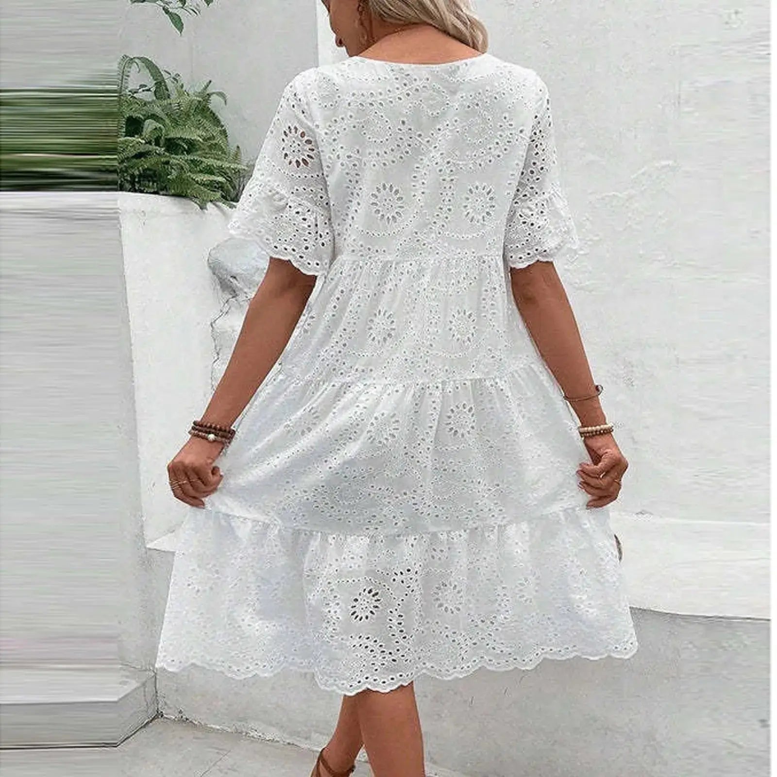 Women’s boho white lace dress, casual short sleeve sundress with pleats and hollow-out details