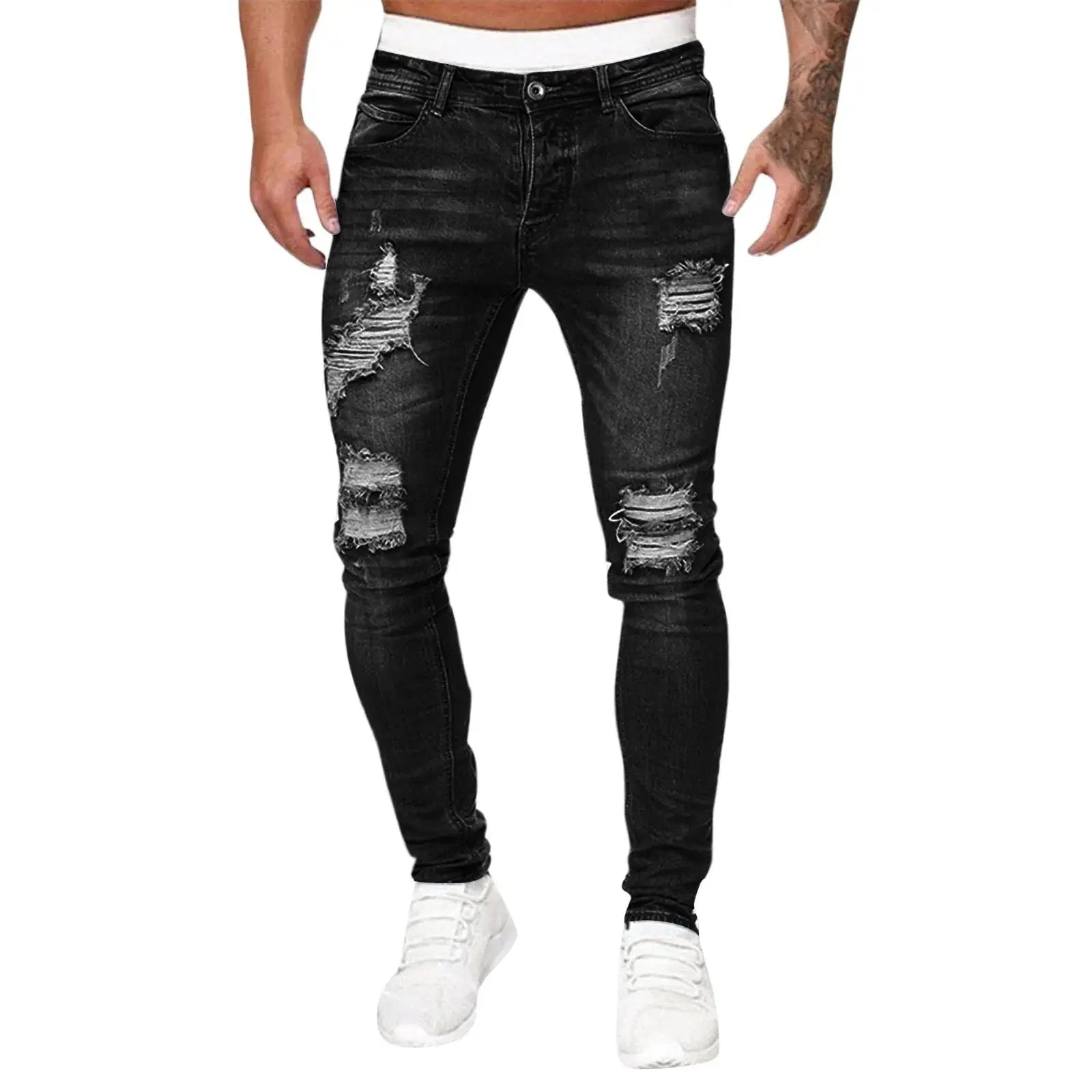 Men’s slim fit ripped jeans, white washed streetwear style, stretch denim with zipper closure, urban casual design