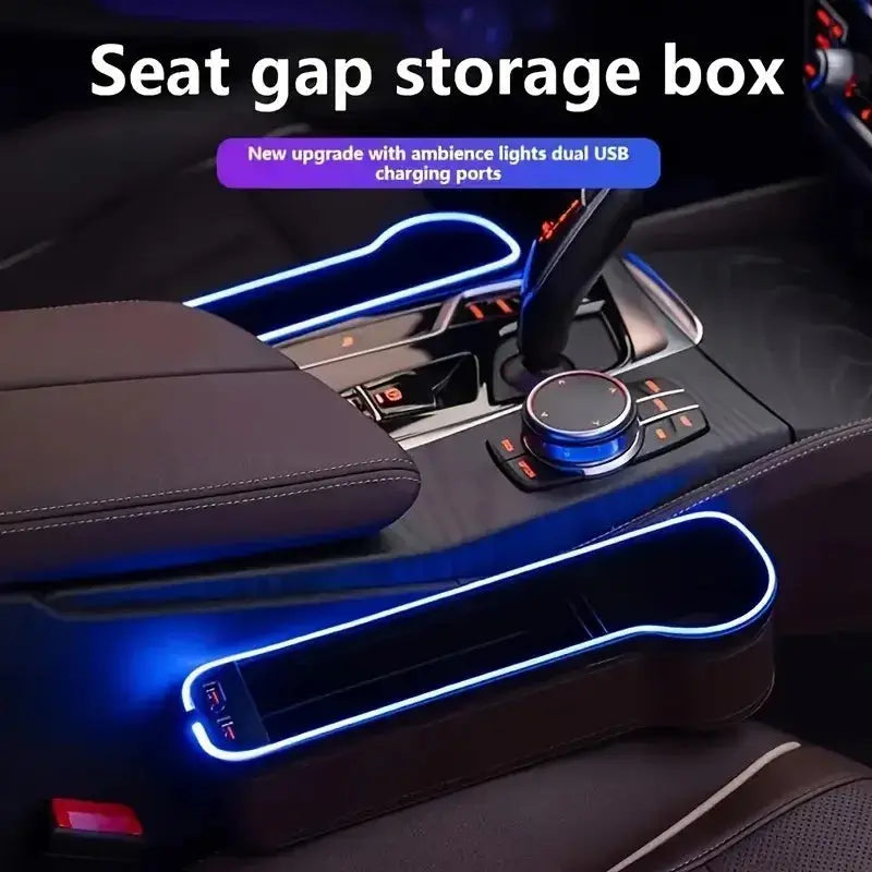 Universal car seat gap organizer with blue LED light and USB ports, installed on both front seats for stylish and functional vehicle organization.
