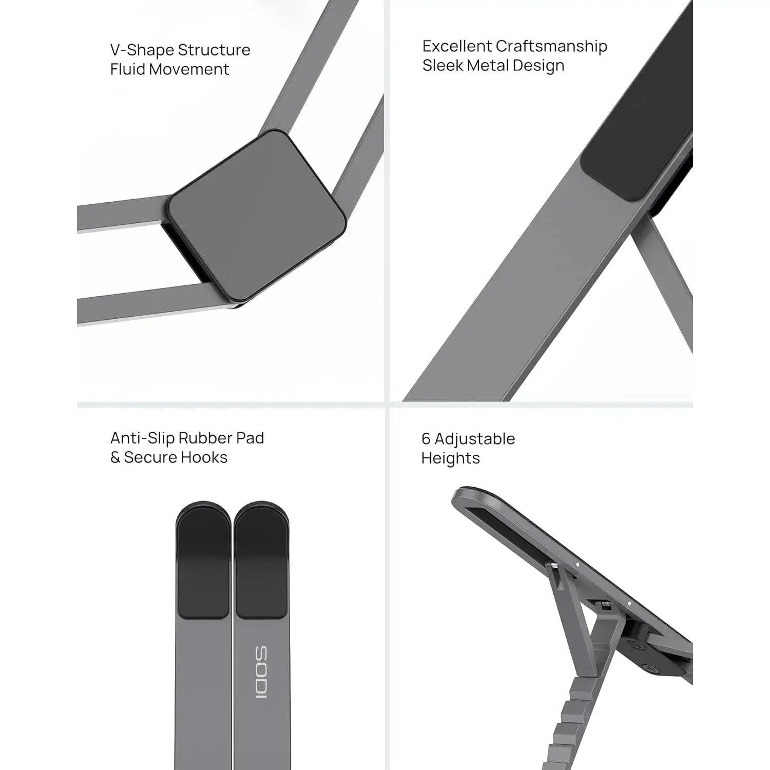 Close-up of foldable aluminum laptop stand features including anti-slip rubber pads, secure hooks, and sleek V-shape metal design.