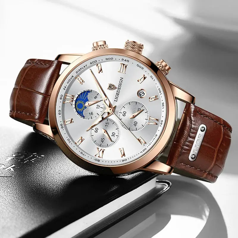 Men’s quartz wristwatch with leather strap, waterproof chronograph, 24-hour moon phase function and casual sports design