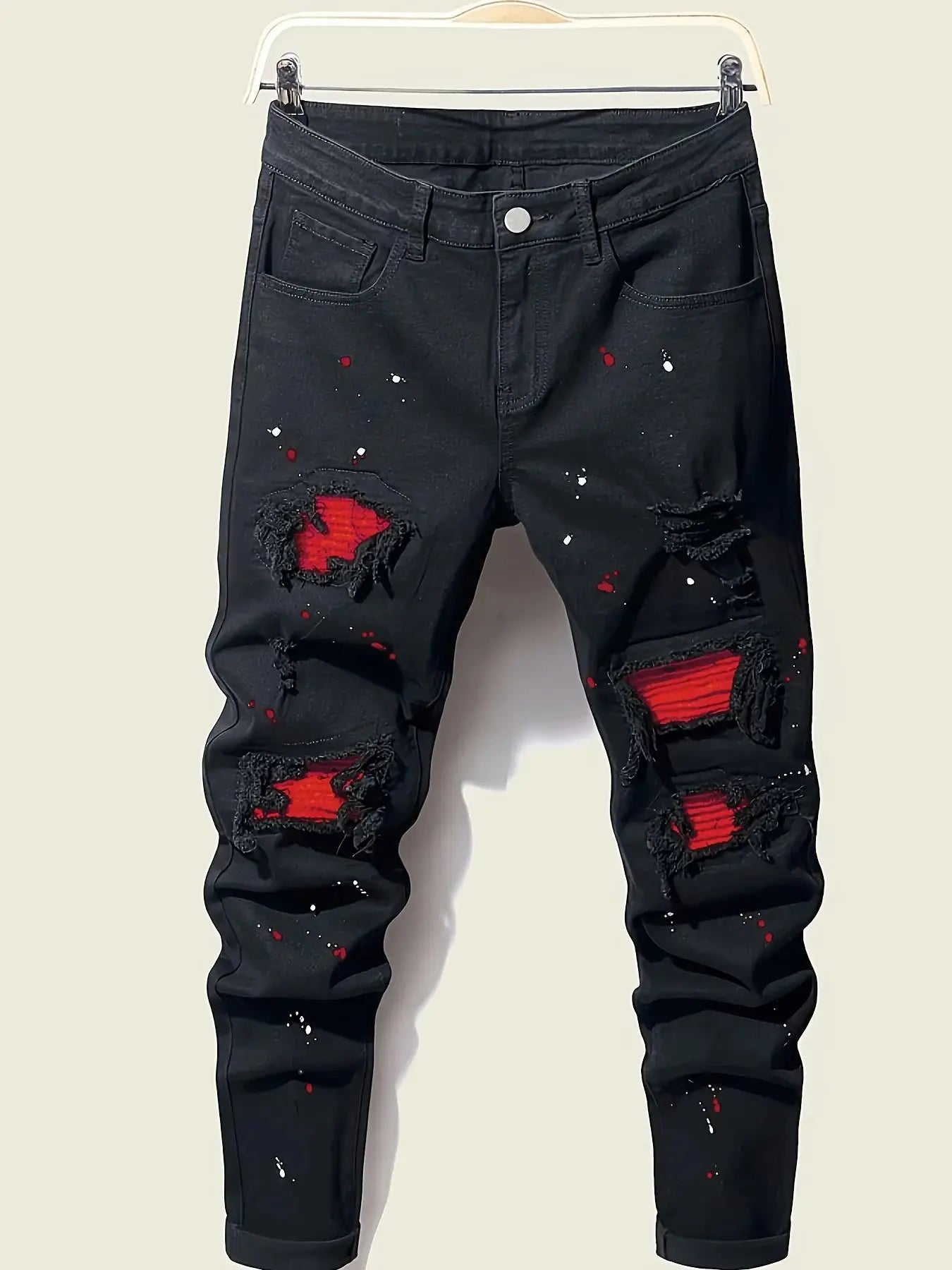 Men’s Splash-Ink Patchwork Jeans – Artistic Streetwear Denim with Unique Paint Effect & Panel Stitching