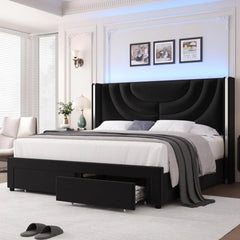 Upholstered bed frame with LED lights and 2 storage drawers