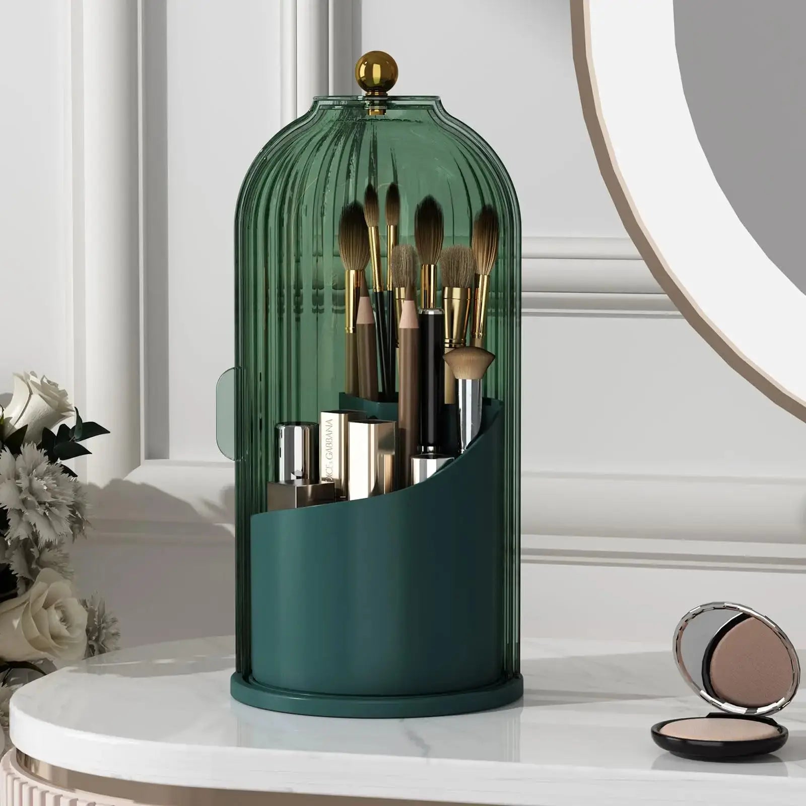 360° Rotating Makeup Brush Organizer with Lid Clear Dustproof Holder
