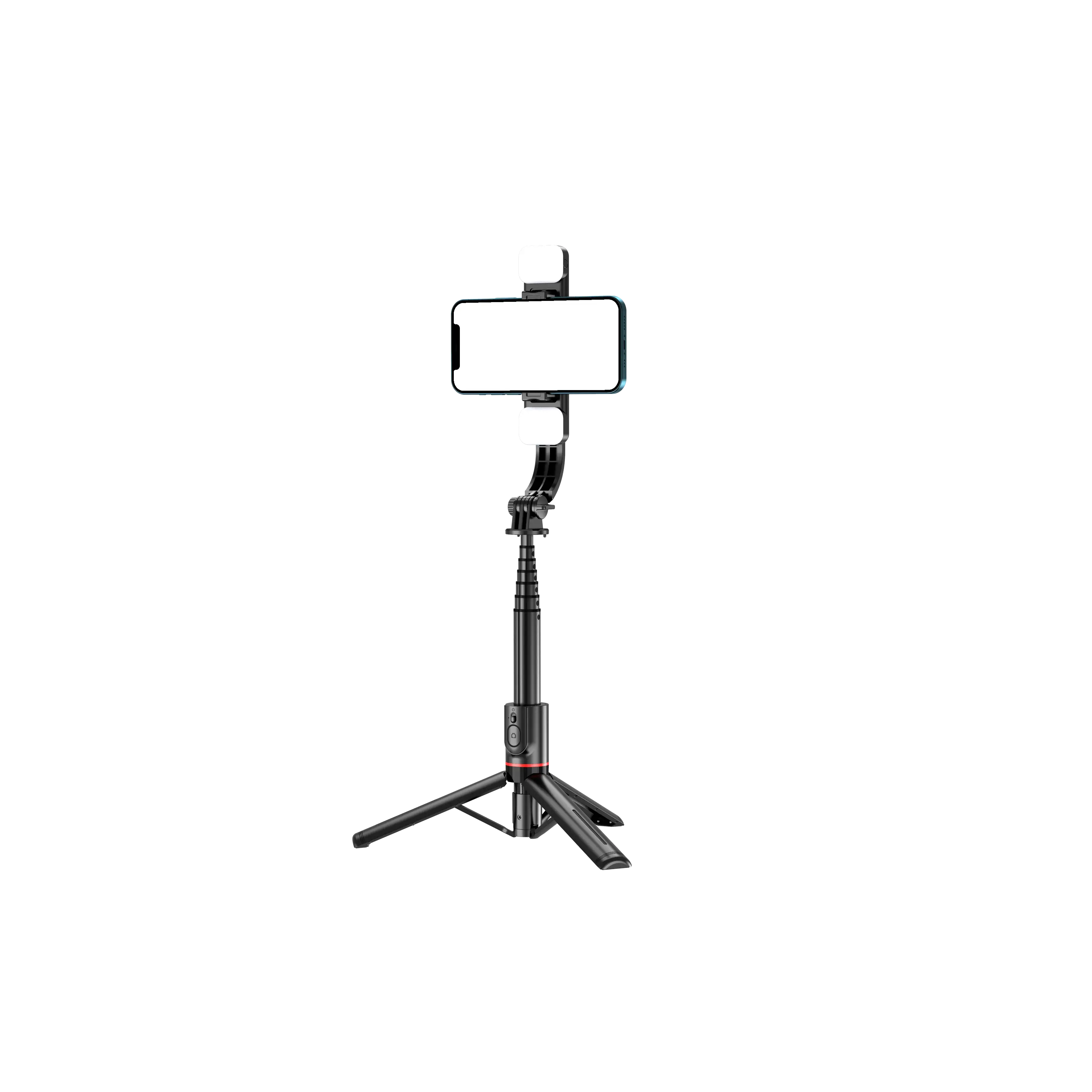 Selfie Stick Tripod with Fill Light in tripod mode with phone mounted, showing stable base and adjustable height for hands-free use.