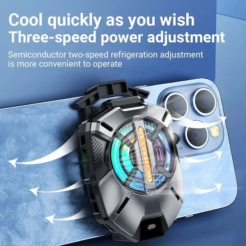Cell phone cooler with semiconductor heatsink, clip-on radiator for iOS/Android phones (2.63–3.46 in width)