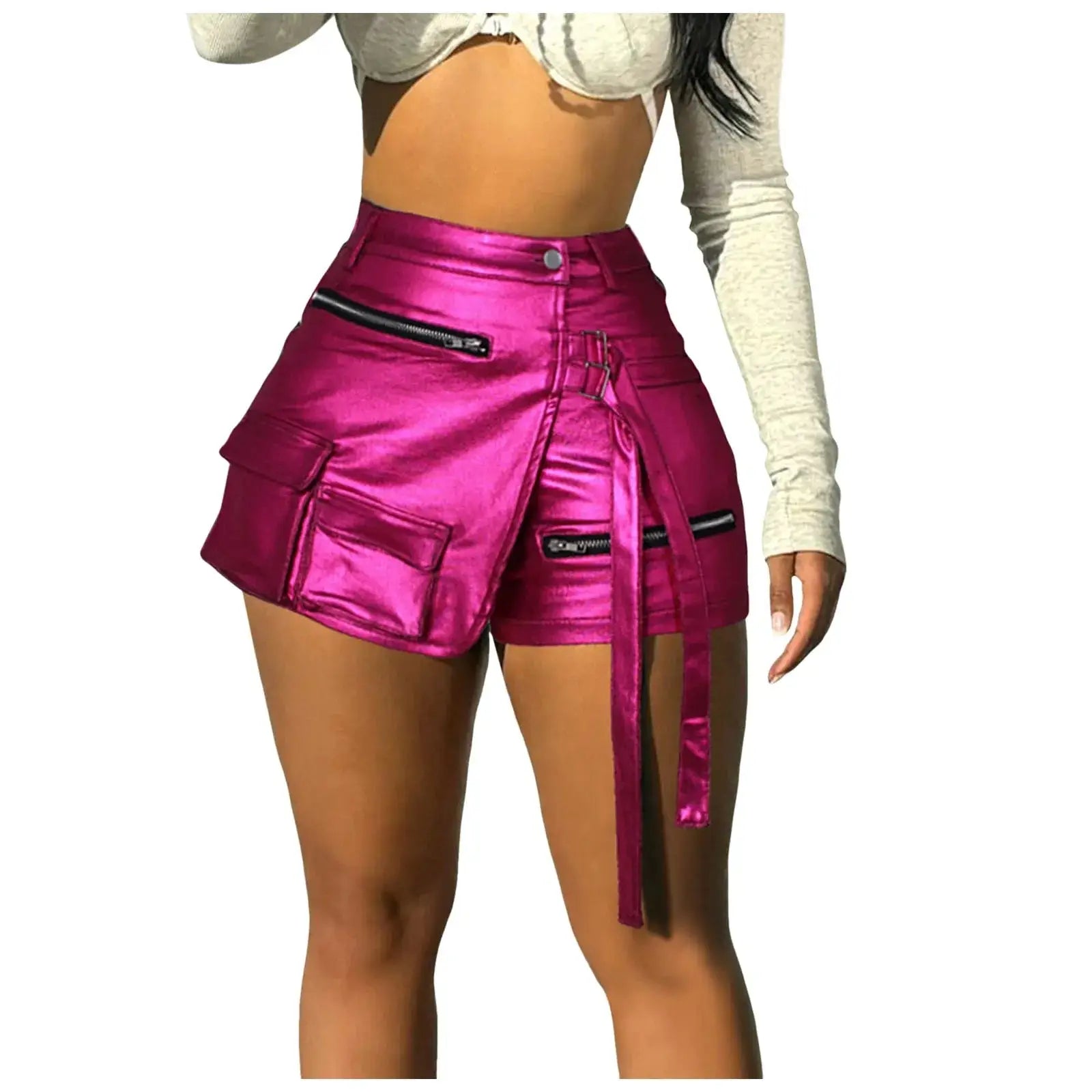 Women’s faux leather shorts, solid color slim fit design with side zipper and patchwork-style seams
