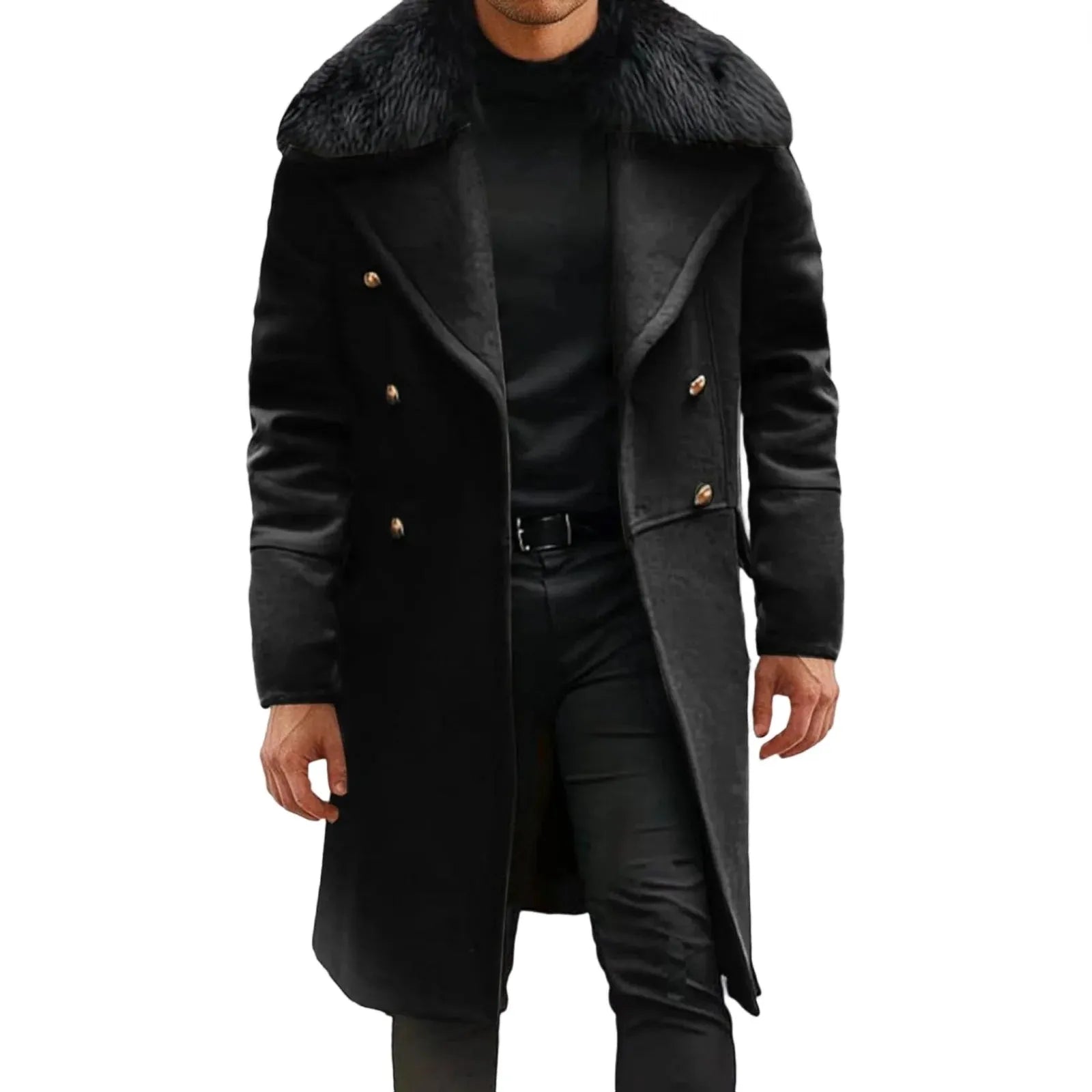 Men’s Long Coat Wool Blend With Fur Collar And Double Breast