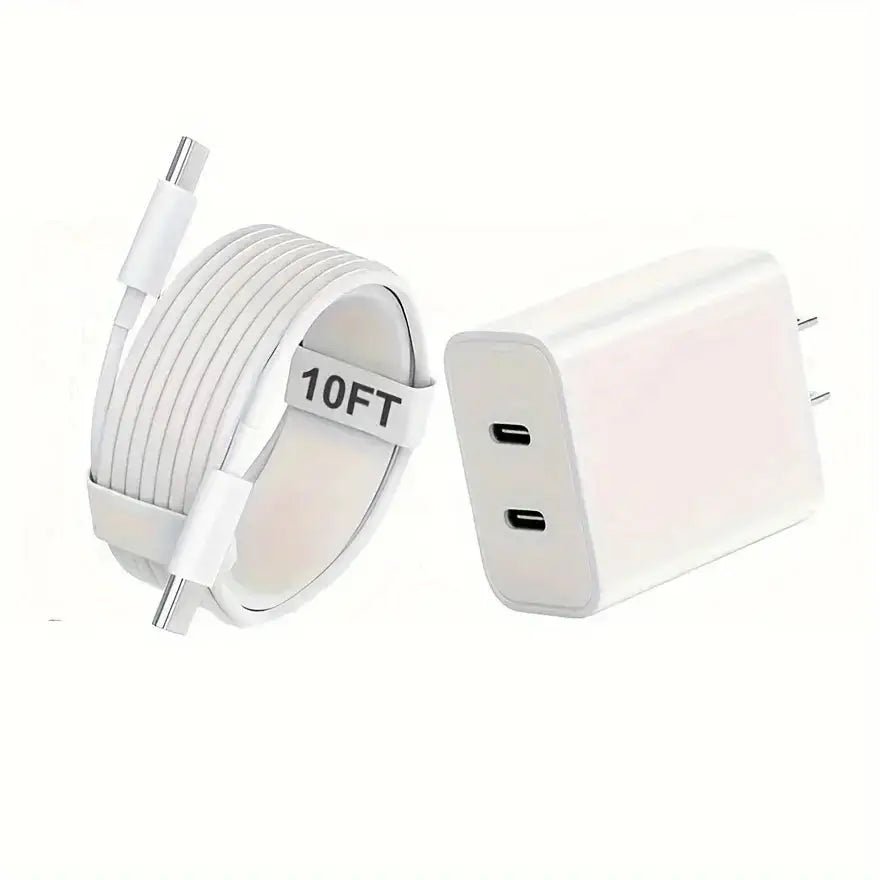 20W dual port USB-C fast charger with 10FT charging cable, high-speed power adapter for mobile devices