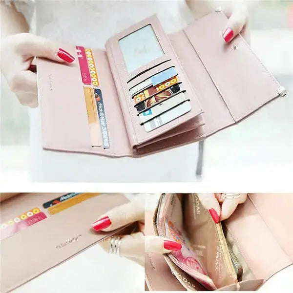 Women's Long PU Leather Trifold Wallet opened to reveal multiple card slots, ID window, and zippered coin pocket for practical storage.
