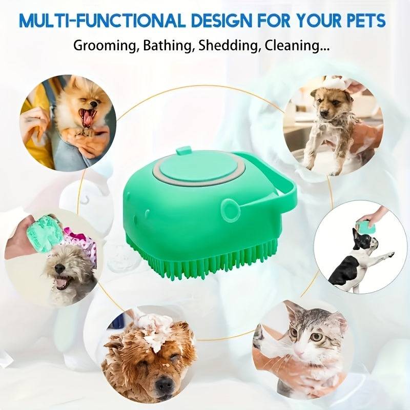 Dog and cat bath brush with shampoo dispenser, soft silicone bristles, ideal for long and short hair during shower