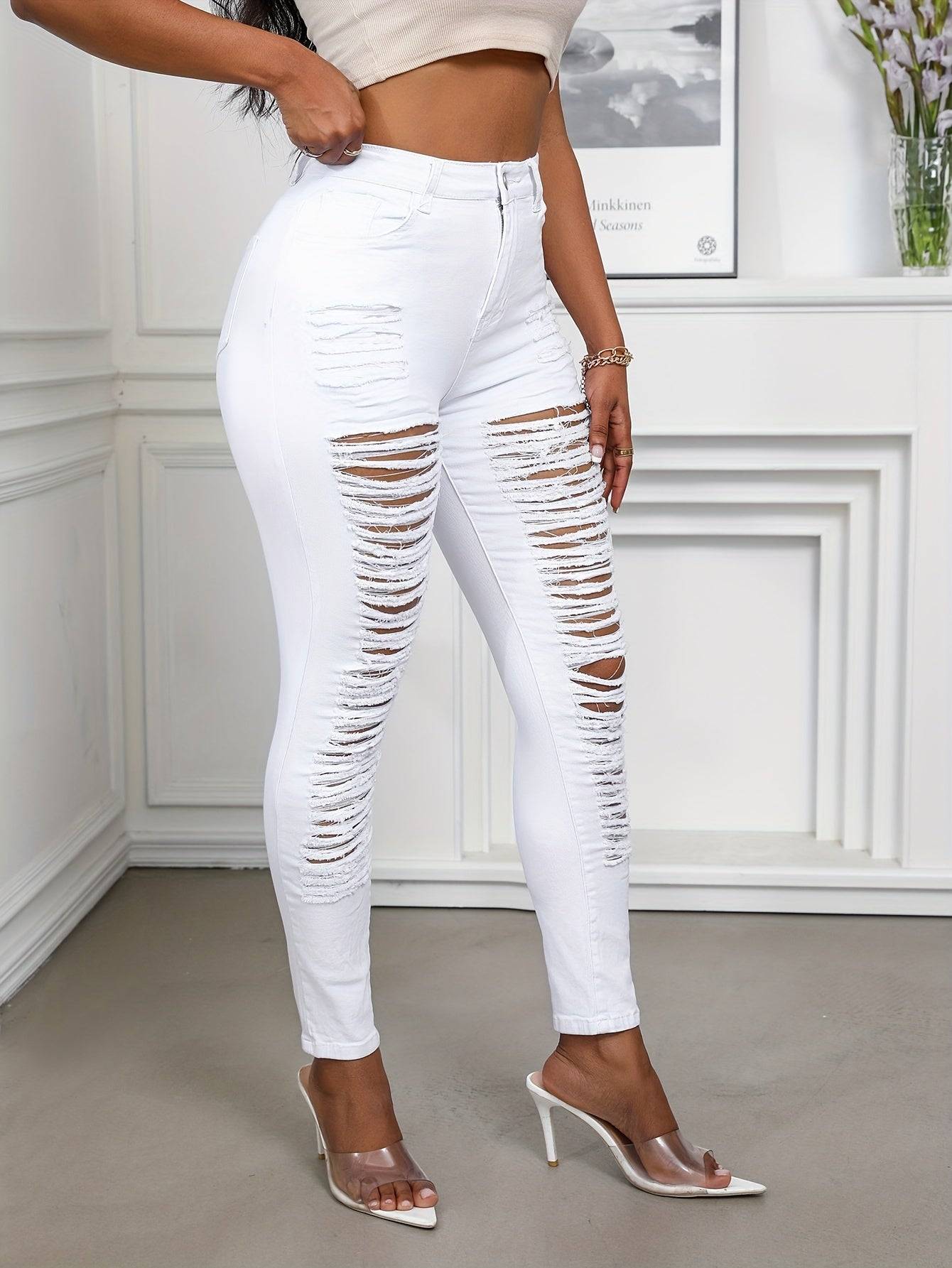 Women’s Black & White Stretch Ripped Jeans Distressed Design Casual All-Season Wear