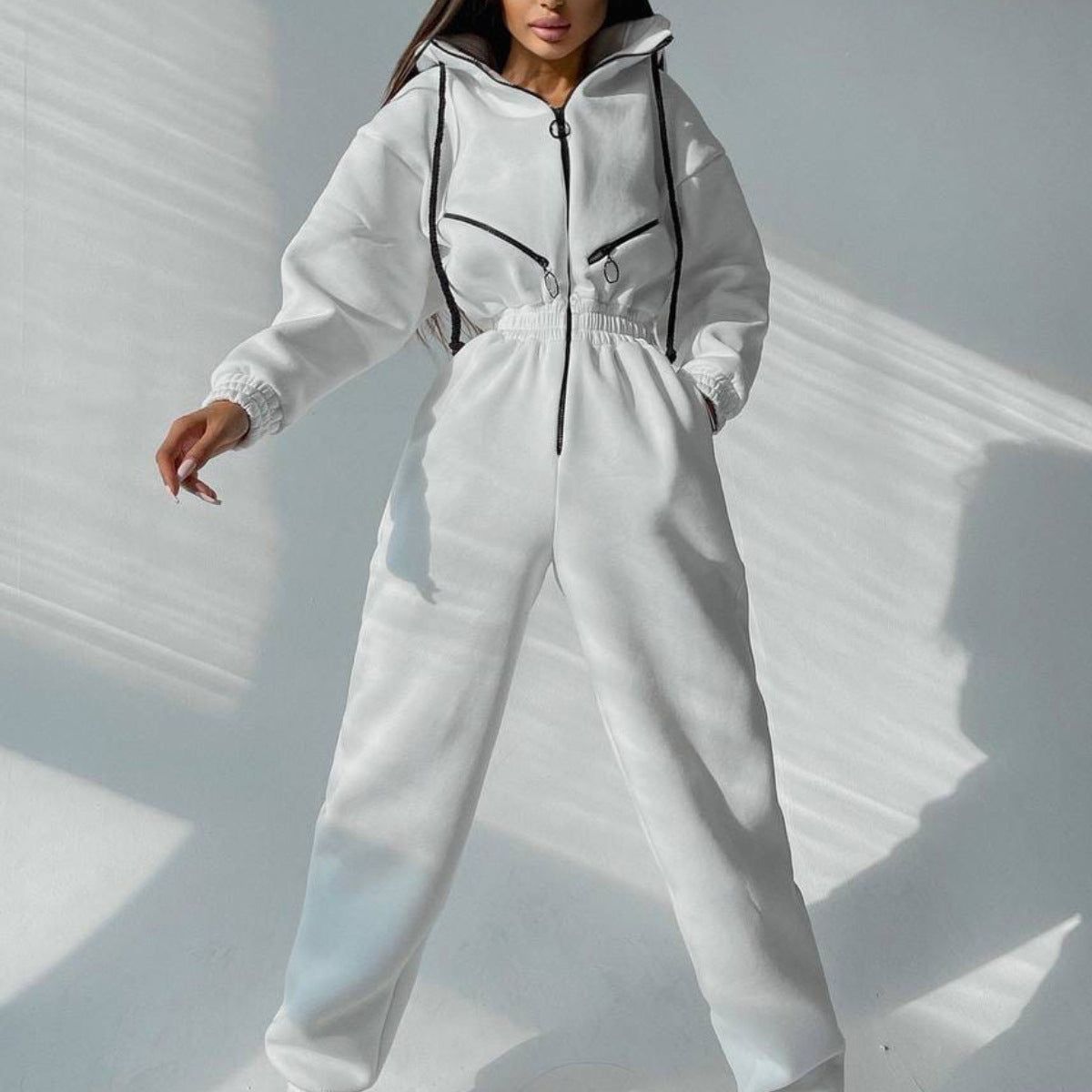Womens Hooded Jumpsuit Long Sleeve Cotton Blend Stretch