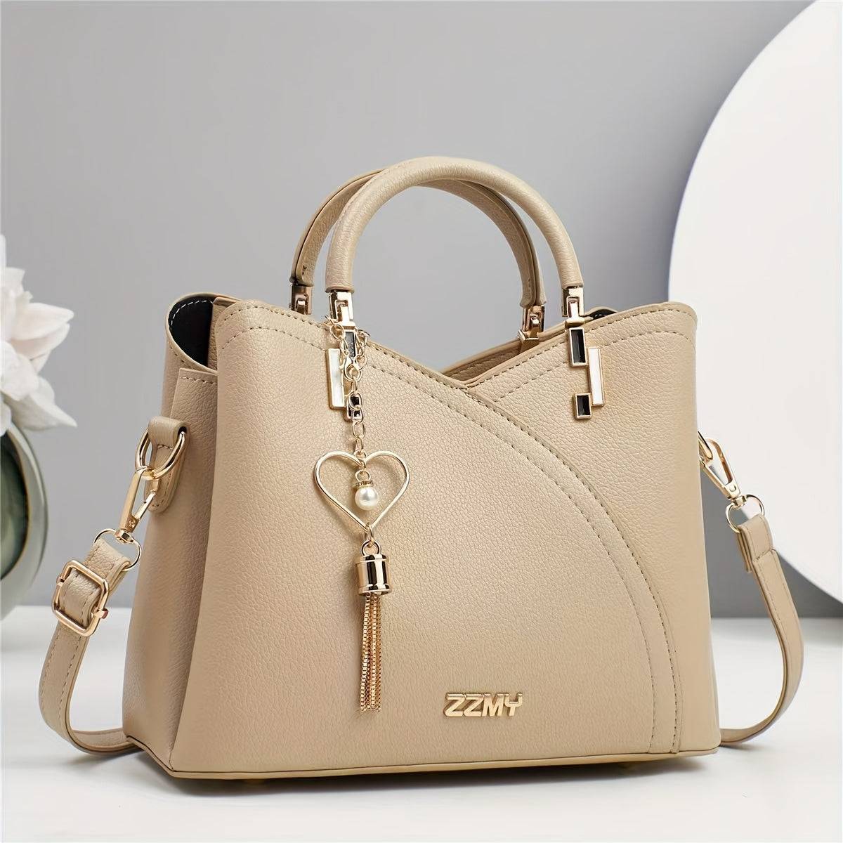 Elegant Women's Shoulder Bag with Heart Charm Lychee Texture Crossbody Strap & Magnetic Closure