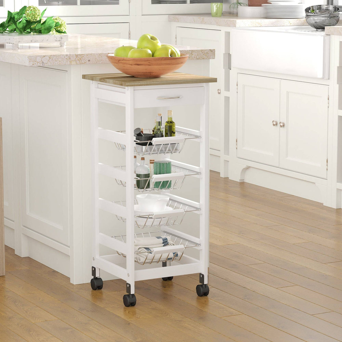Mobile Kitchen Cart with Baskets and Drawer