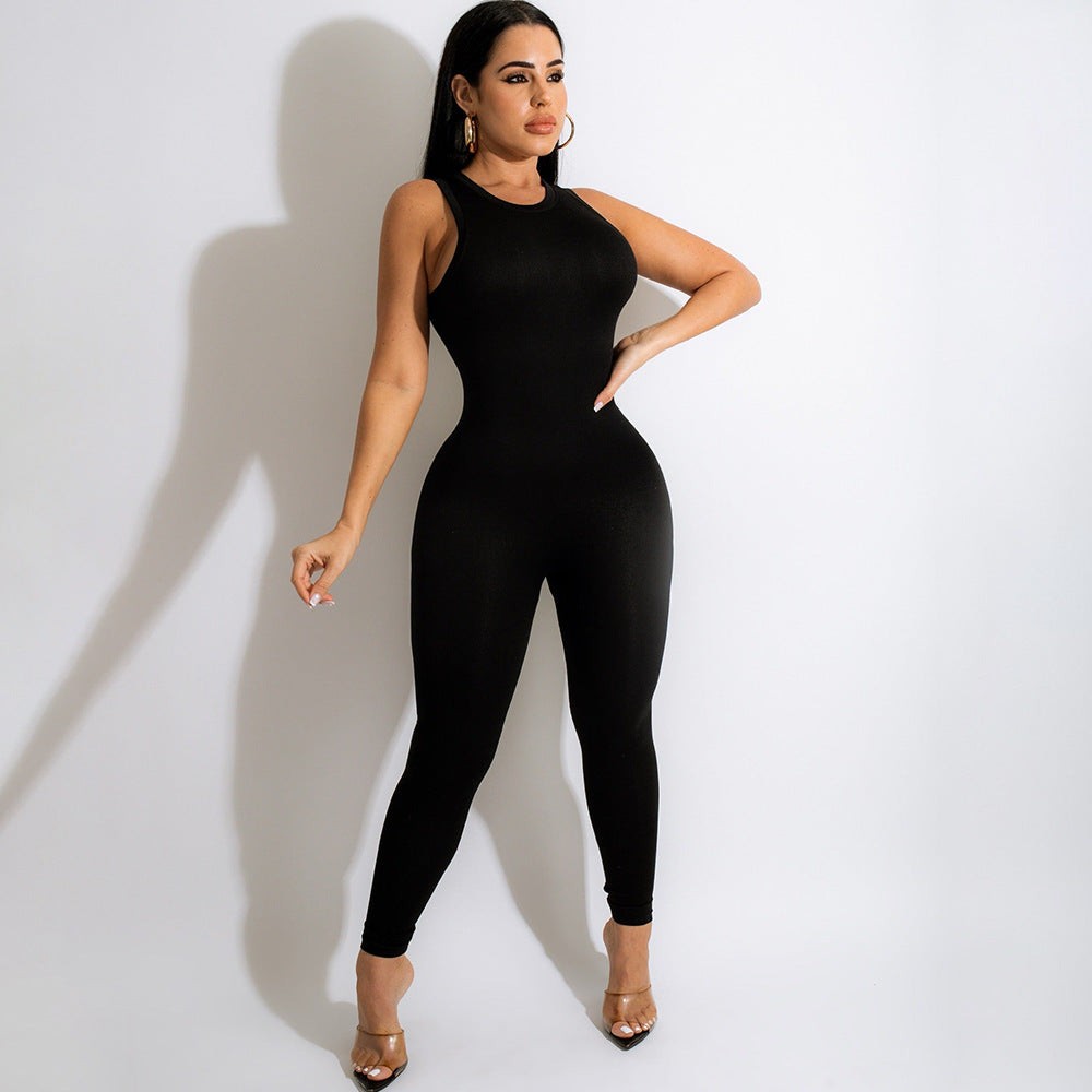 Women’s Casual Sleeveless Jumpsuit Slim Fit Mid Waist Zipper Polyester Spandex Blend Long Trousers
