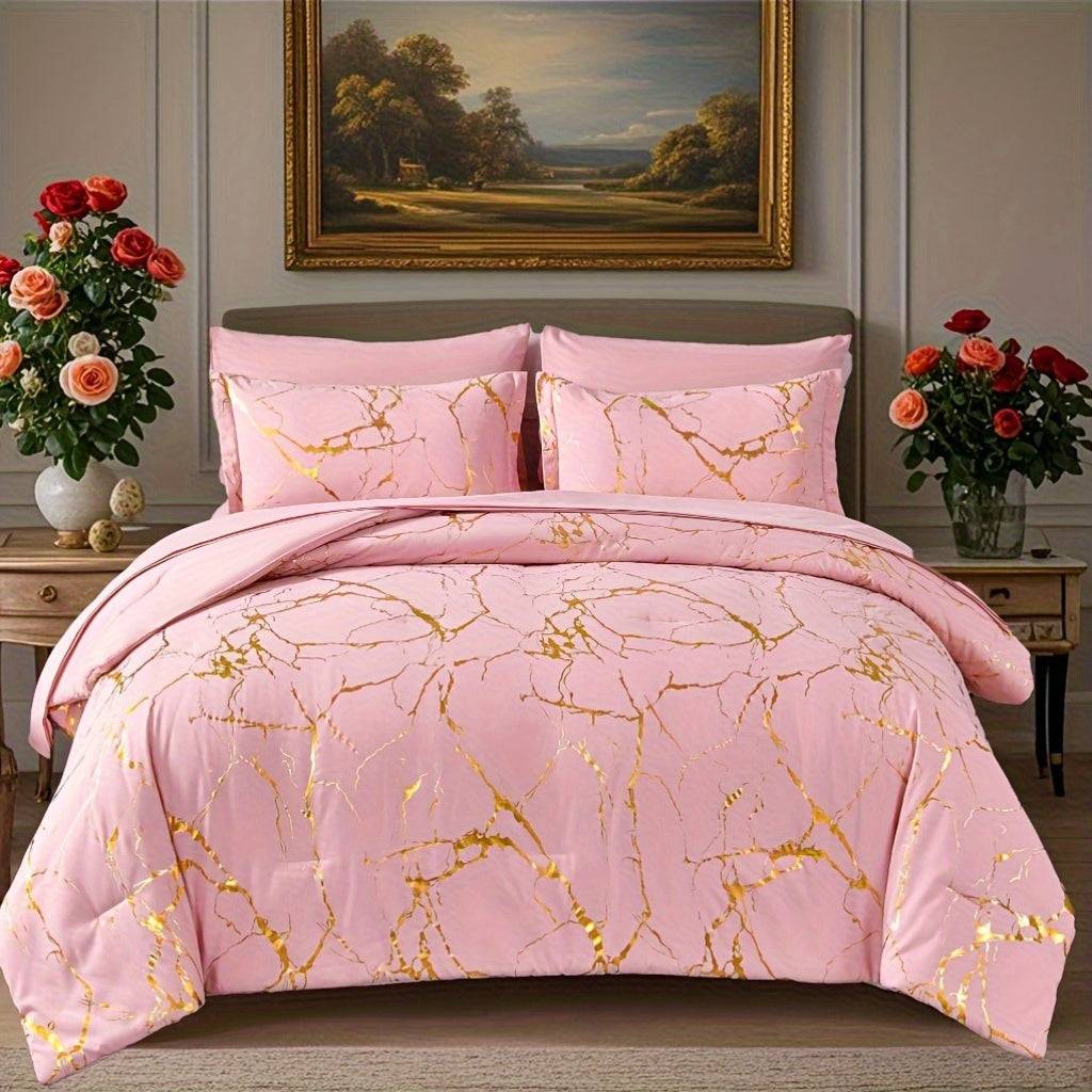7-Piece Hot Stamping Comforter Set Queen, Soft Ultra-Fine Fiber Bedding with Sheets and Pillowcases, Lightweight All-Season Use
