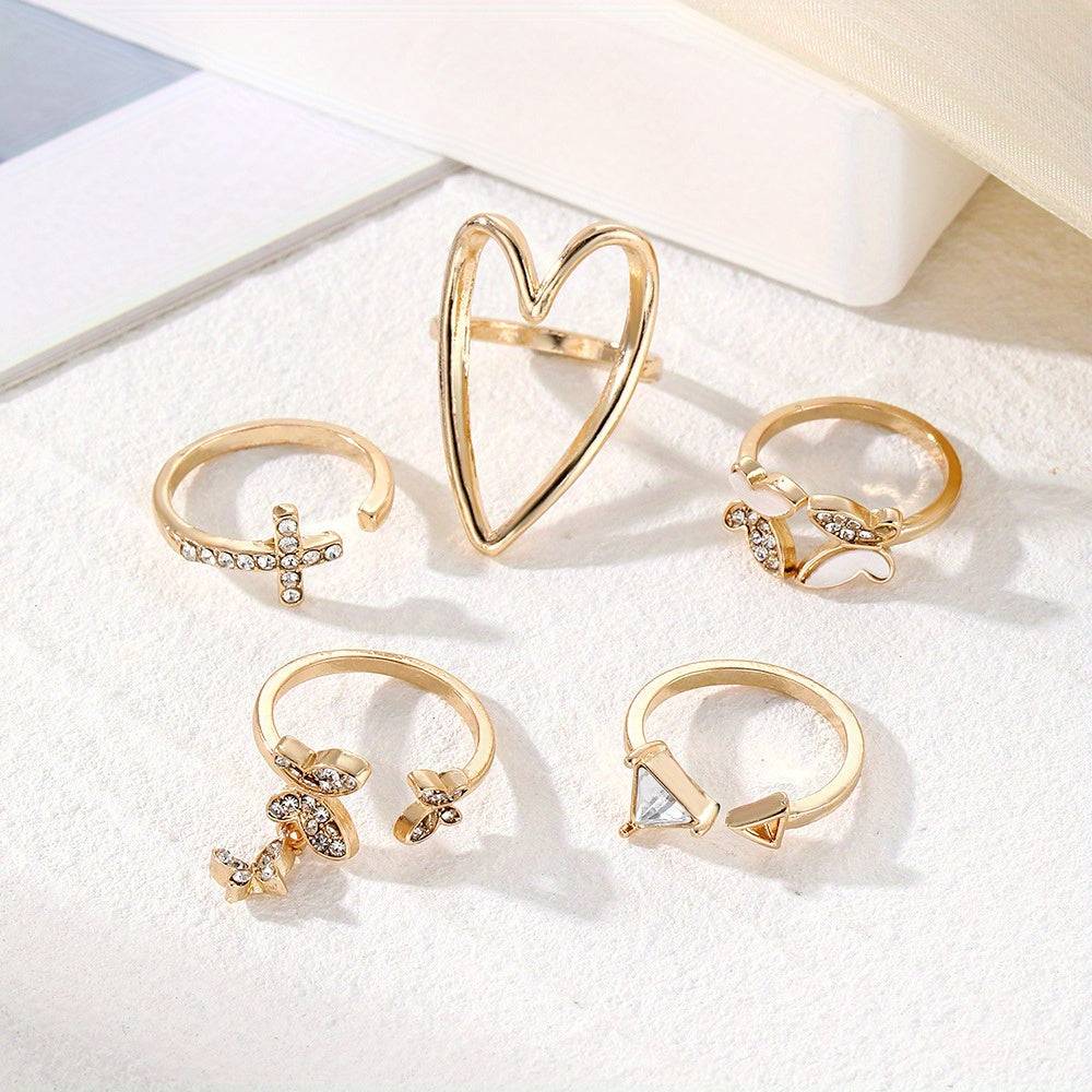 5-Piece Golden Retro Ring Set Minimalist Butterfly & Heart Design with Rhinestones for Daily & Special Occasions