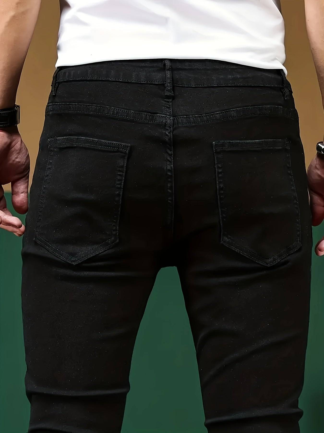 Men’s Slim Fit Stretch Denim Pants Black & Blue Water-Washed Distressed Design All-Season Casual Wear