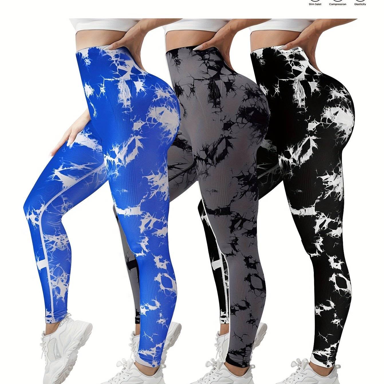 3-pack women’s seamless high-waisted tie-dye leggings, butt-lifting compression fit, multicolor 9/10 sports pants