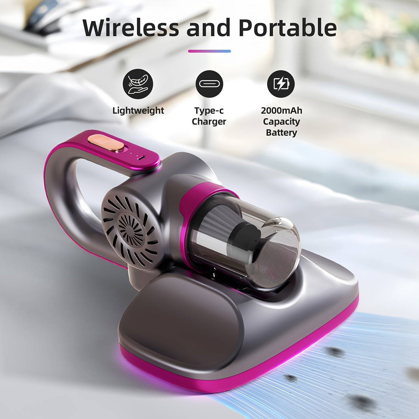 Wireless Bed Vacuum Cleaner 11Kpa Strong Suction with 8000 RPM Tapping for Deep Cleaning Handheld Dust Buster with Wide Port & 2 Extension Rods for Dust & Pet Hair